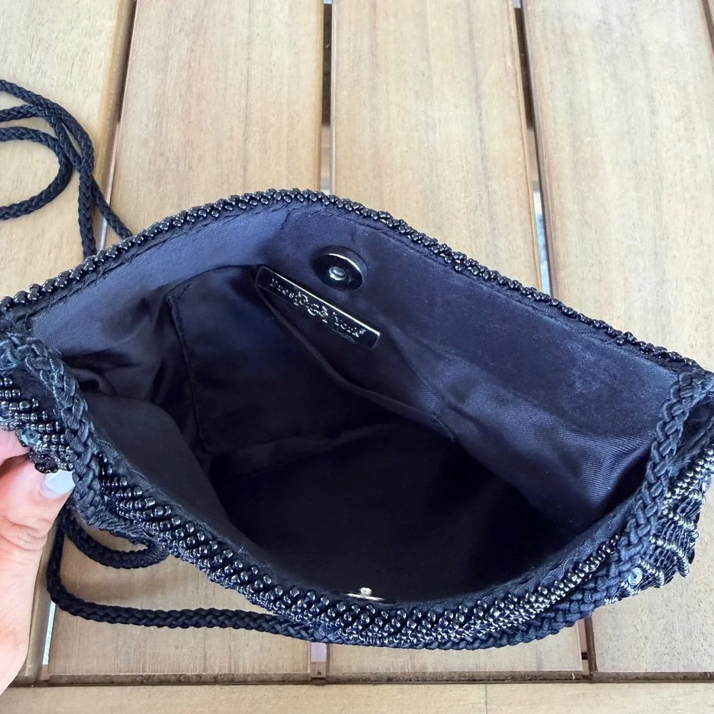 The Sak Black Beaded Sequin Evening Bag Small Crossbody Art Deco Glam Formal